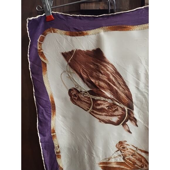 Vintage Silk Horse Scarf Horse's prints equestrian purple brown purple square - Picture 2 of 10